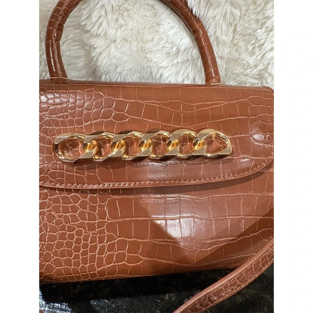 Like Dreams Satchel Handbag Womens Tan Croc Embossed Gold Chain Detail
